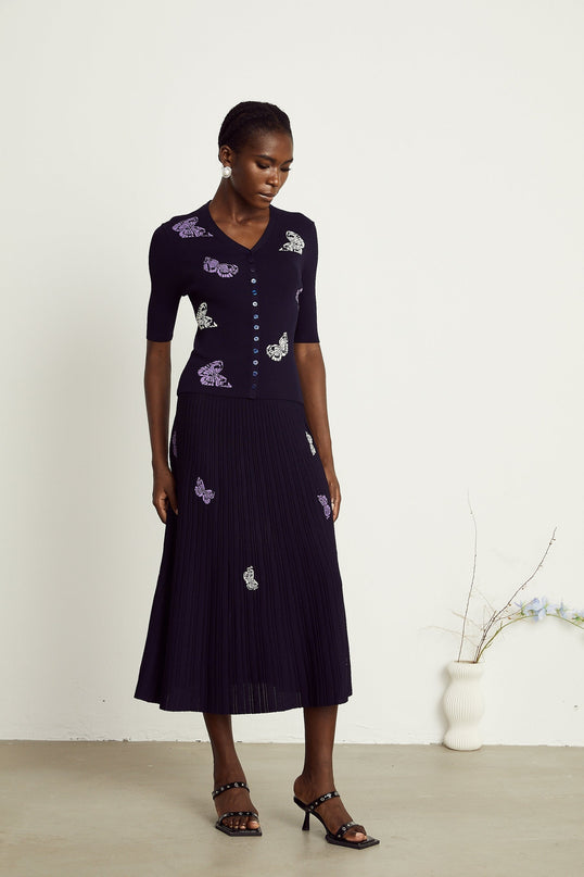 Esther Navy Blue Butterfly Patterned Knit Skirt Top Set