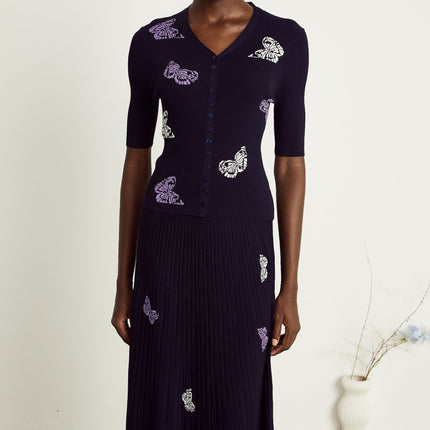 Esther Navy Blue Butterfly Patterned Knit Skirt Top Set