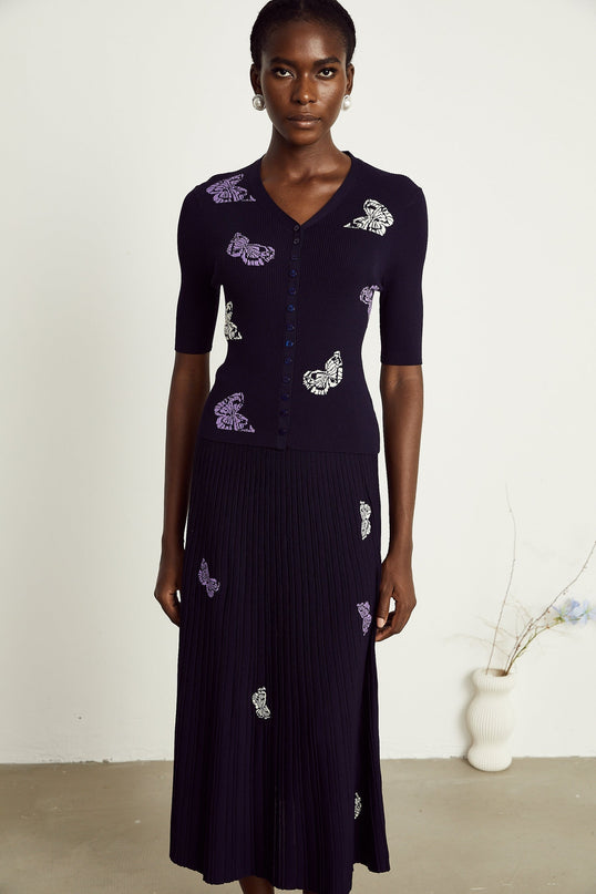 Esther Navy Blue Butterfly Patterned Knit Skirt Top Set