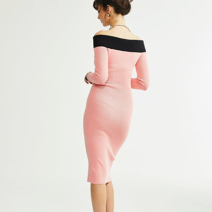 Esther Pink and Black Knitted Off-Shoulder Midi Dress with Front Slit and Button Detailing