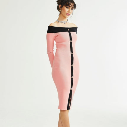 Esther Pink and Black Knitted Midi Dress with Front Slit and Button Detailing