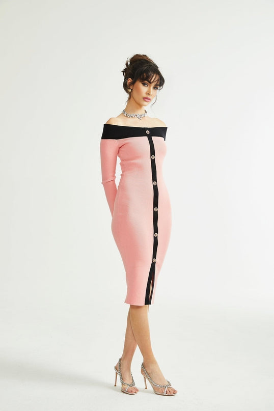 Esther Pink and Black Knitted Midi Dress with Front Slit and Button Detailing