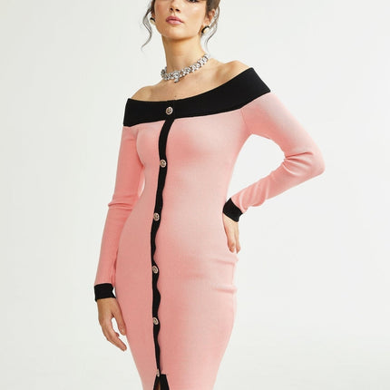 Esther Pink and Black Knitted Midi Dress with Front Slit and Button Detailing
