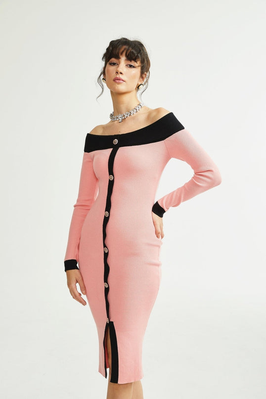 Esther Pink and Black Knitted Midi Dress with Front Slit and Button Detailing