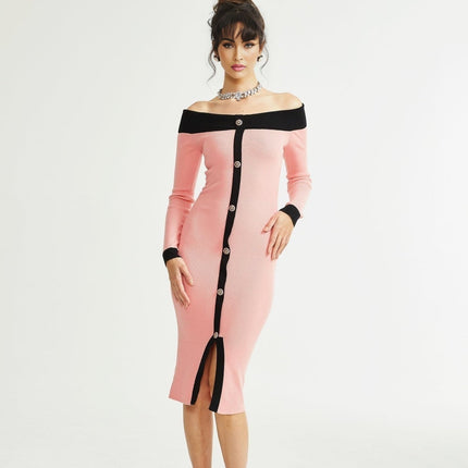 Esther Pink Black Knitted Midi Dress Front Slit Button Detailing