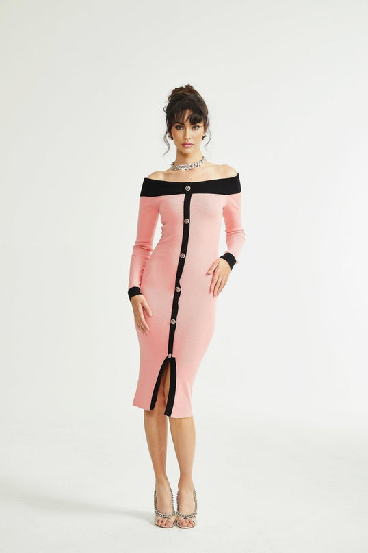 Esther Pink Black Knitted Midi Dress Front Slit Button Detailing