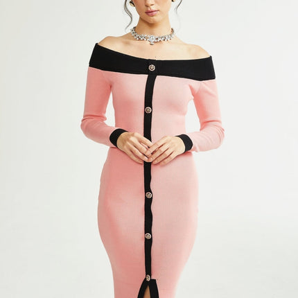 Esther Pink and Black Knitted Midi Dress with Front Slit and Button Detailing