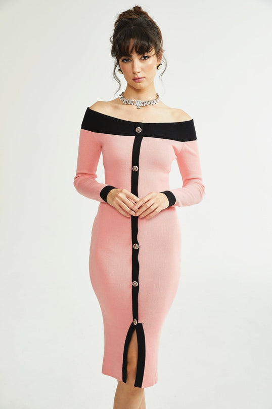 Esther Pink and Black Knitted Midi Dress with Front Slit and Button Detailing