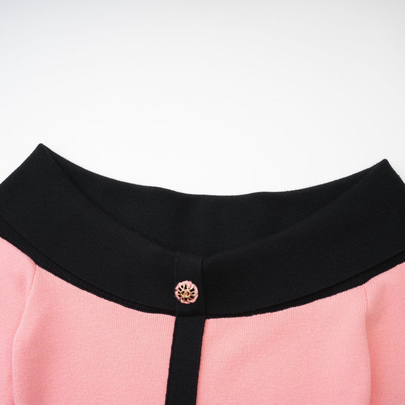 Esther Pink and Black Knitted Off-Shoulder Midi Dress with Front Slit and Button Detailing