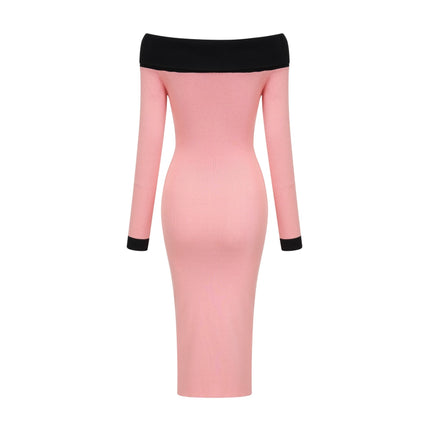 Esther Pink and Black Knitted Off-Shoulder Midi Dress with Front Slit and Button Detailing
