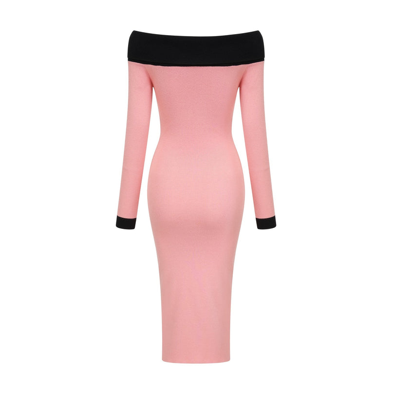Esther Pink and Black Knitted Off-Shoulder Midi Dress with Front Slit and Button Detailing