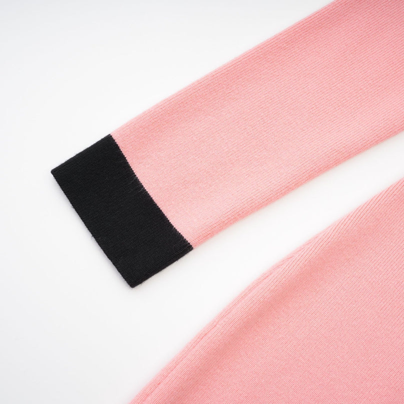 Esther Pink and Black Knitted Off-Shoulder Midi Dress with Front Slit and Button Detailing