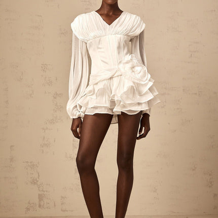 Esther White Floral Ruffled Glitter Hem Mini Dress