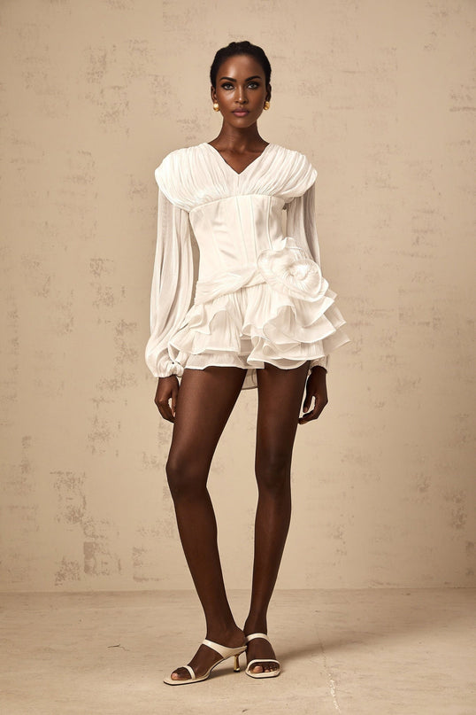 Esther White Floral Ruffled Glitter Hem Mini Dress