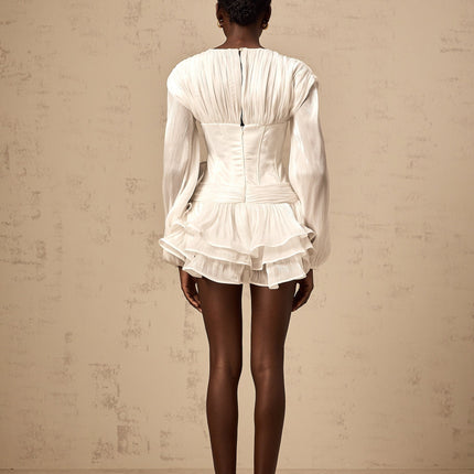 Esther White Floral Ruffled Glitter Hem Mini Dress