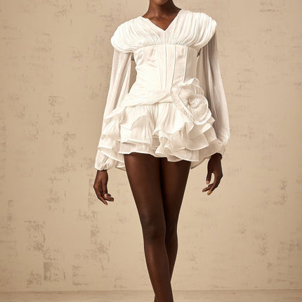 Esther White Floral Ruffled Glitter Hem Mini Dress