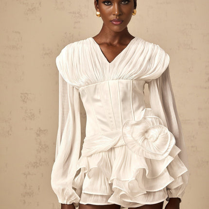 Esther White Floral Ruffled Glitter Hem Mini Dress