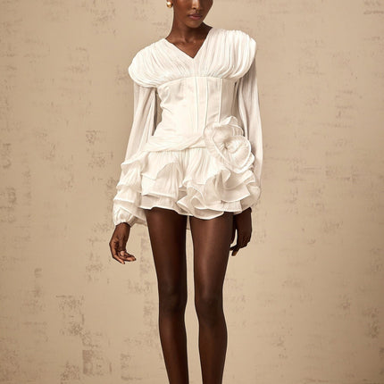 Esther White Floral Ruffled Glitter Hem Mini Dress