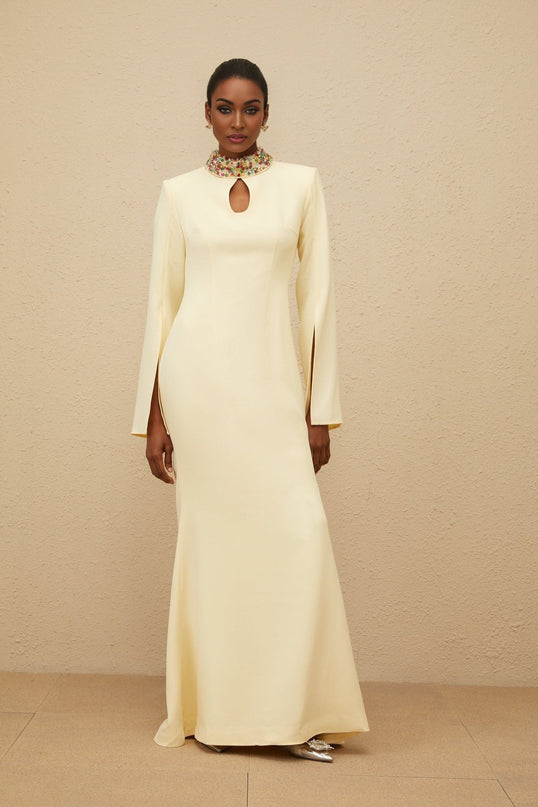 Esther Yellow Beaded Mermaid Hem Maxi Gown