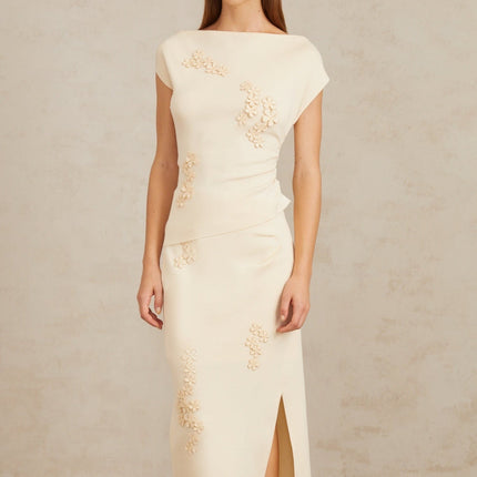 Étienne Floral Appliqué Knit Top & Skirt Set Neutrals