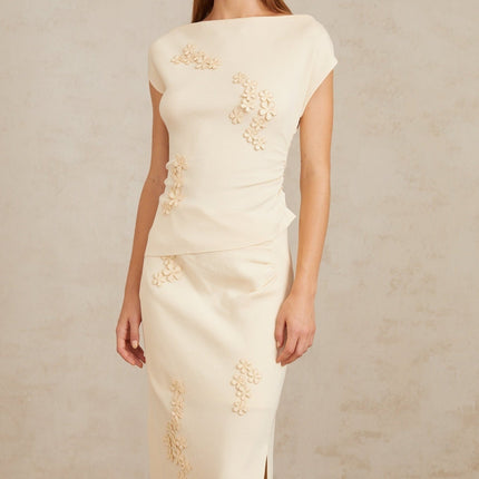 Étienne Floral Appliqué Knit Top & Skirt Set Neutrals