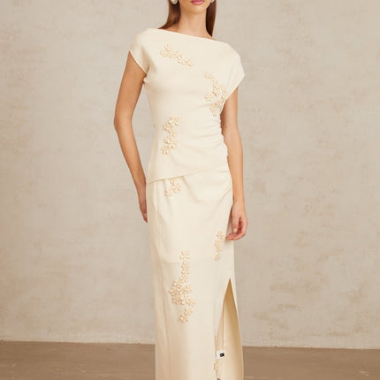 Étienne Floral Appliqué Knit Top & Skirt Set in Neutrals