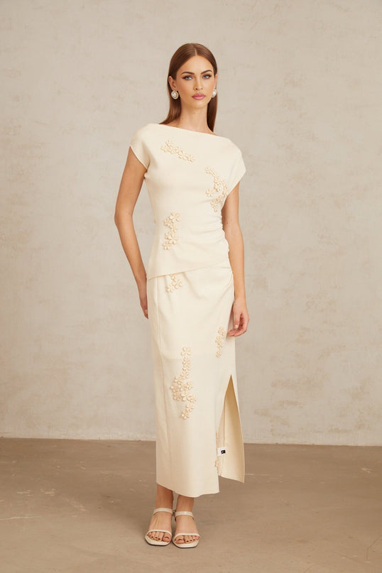 Étienne Floral Appliqué Knit Top & Skirt Set in Neutrals
