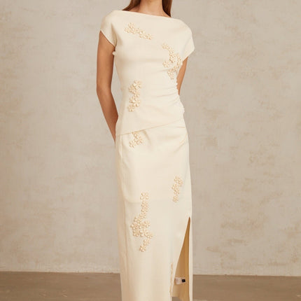 Étienne Floral Appliqué Knit Top & Skirt Set in Neutrals