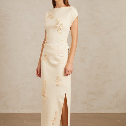 Étienne Floral Appliqué Knit Top & Skirt Set in Neutrals