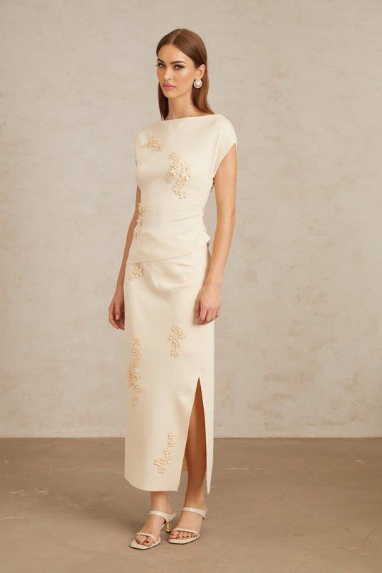 Étienne Floral Appliqué Knit Top & Skirt Set in Neutrals