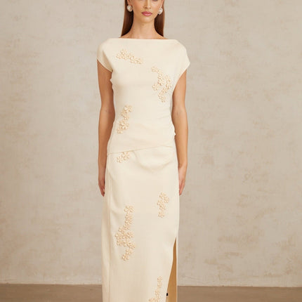 Étienne Floral Appliqué Knit Top & Skirt Set Neutrals
