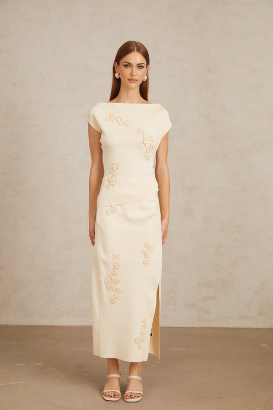 Étienne Floral Appliqué Knit Top & Skirt Set Neutrals