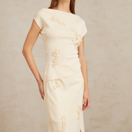 Étienne Floral Appliqué Knit Top & Skirt Set in Neutrals