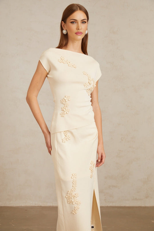 Étienne Floral Appliqué Knit Top & Skirt Set in Neutrals