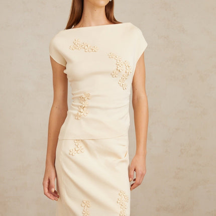 Étienne Floral Appliqué Knit Top & Skirt Set in Neutrals