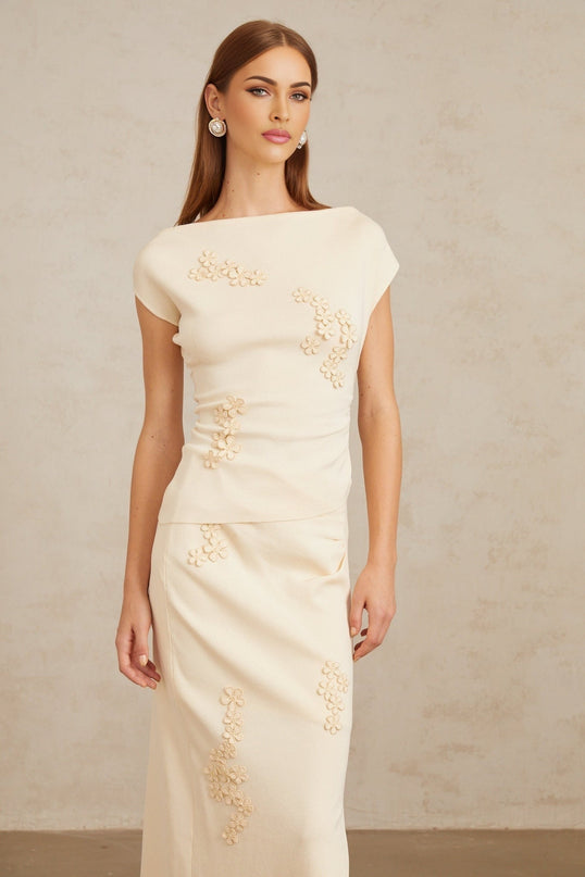 Étienne Floral Appliqué Knit Top & Skirt Set in Neutrals