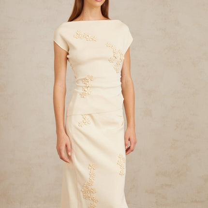 Étienne Floral Appliqué Knit Top & Skirt Set in Neutrals