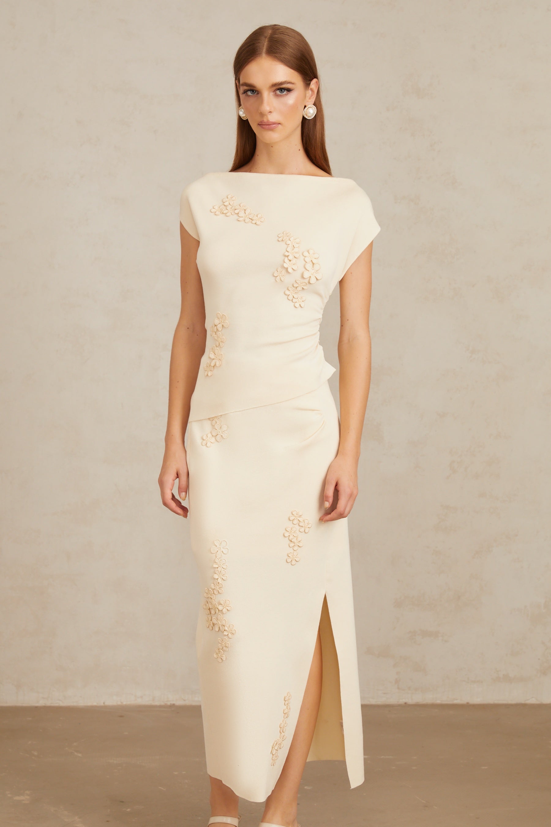 Étienne Neutral Floral Appliqué Knit Top  Skirt Set