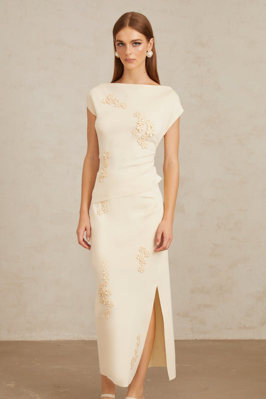Étienne Neutral Floral Appliqué Knit Top  Skirt Set