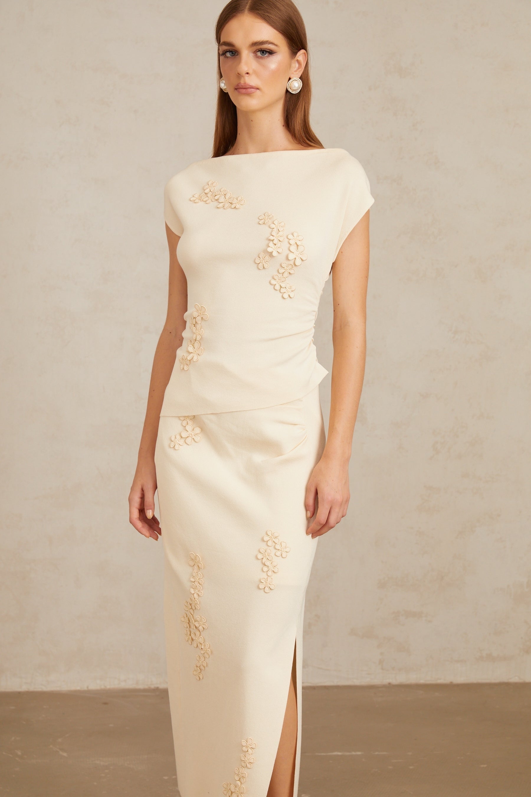 Étienne Neutral Floral Appliqué Knit Top  Skirt Set