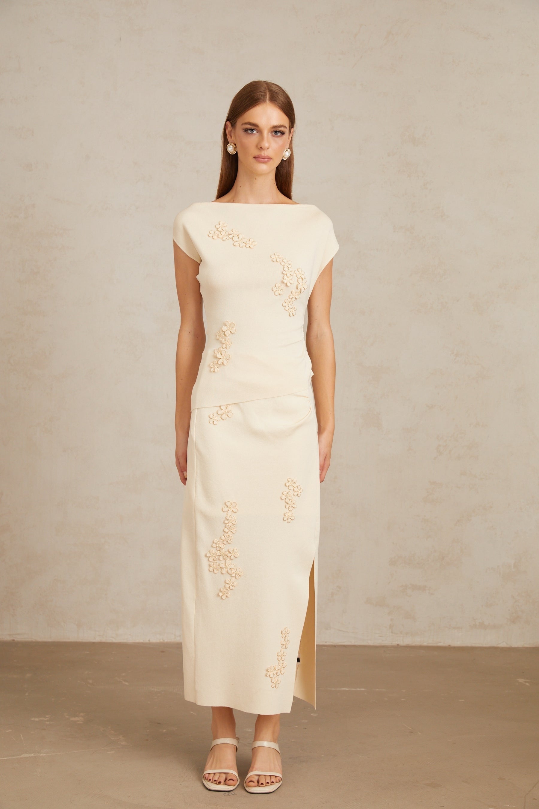 Étienne Neutral Floral Appliqué Knit Top  Skirt Set