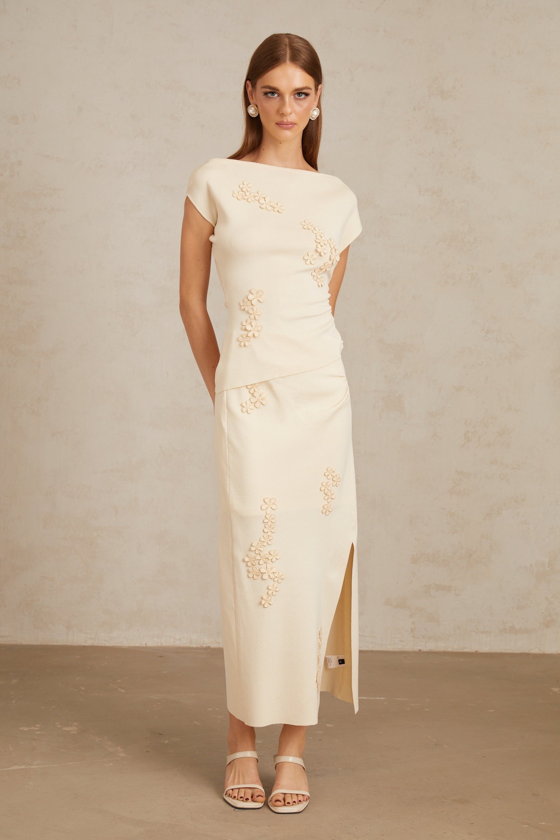 Étienne Neutral Floral Appliqué Knit Top  Skirt Set