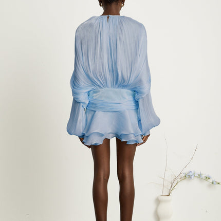 Eugenie blue mini dress with full pleats and ruffled details