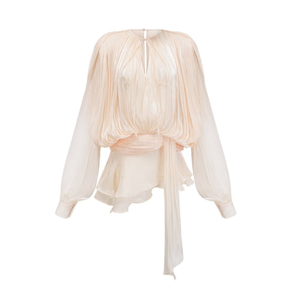 Eugenie neutral colored mini dress with full pleats and ruffles