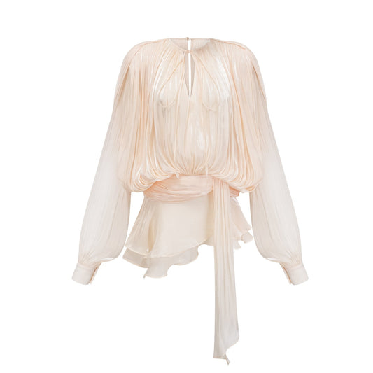 Eugenie neutral colored mini dress with full pleats and ruffles