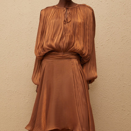 Eugénie Pleated Ruffle Maxi Dress in Brown