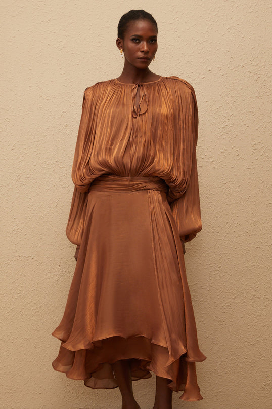 Eugénie Pleated Ruffle Maxi Dress in Brown