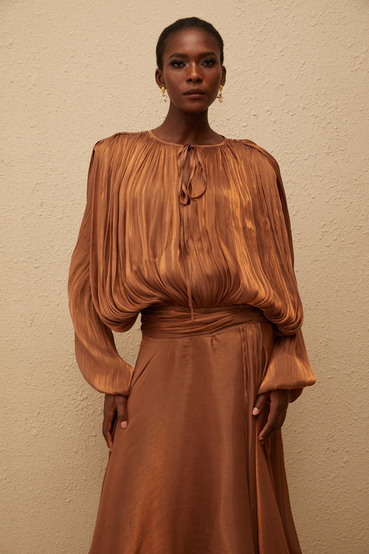 Eugénie Pleated Ruffle Maxi Dress in Brown