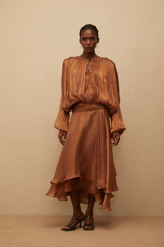 Eugénie Pleated Ruffle Maxi Dress in Brown