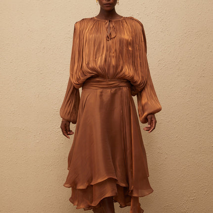 Eugénie Pleated Ruffle Maxi Dress in Brown